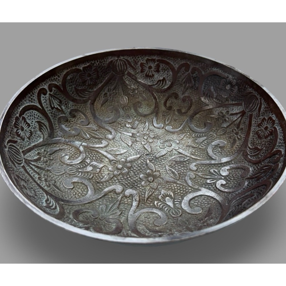 Vintage Hand-Engraved Metal Bowl Floral Scrollwork Pedestal Base Aged Patina